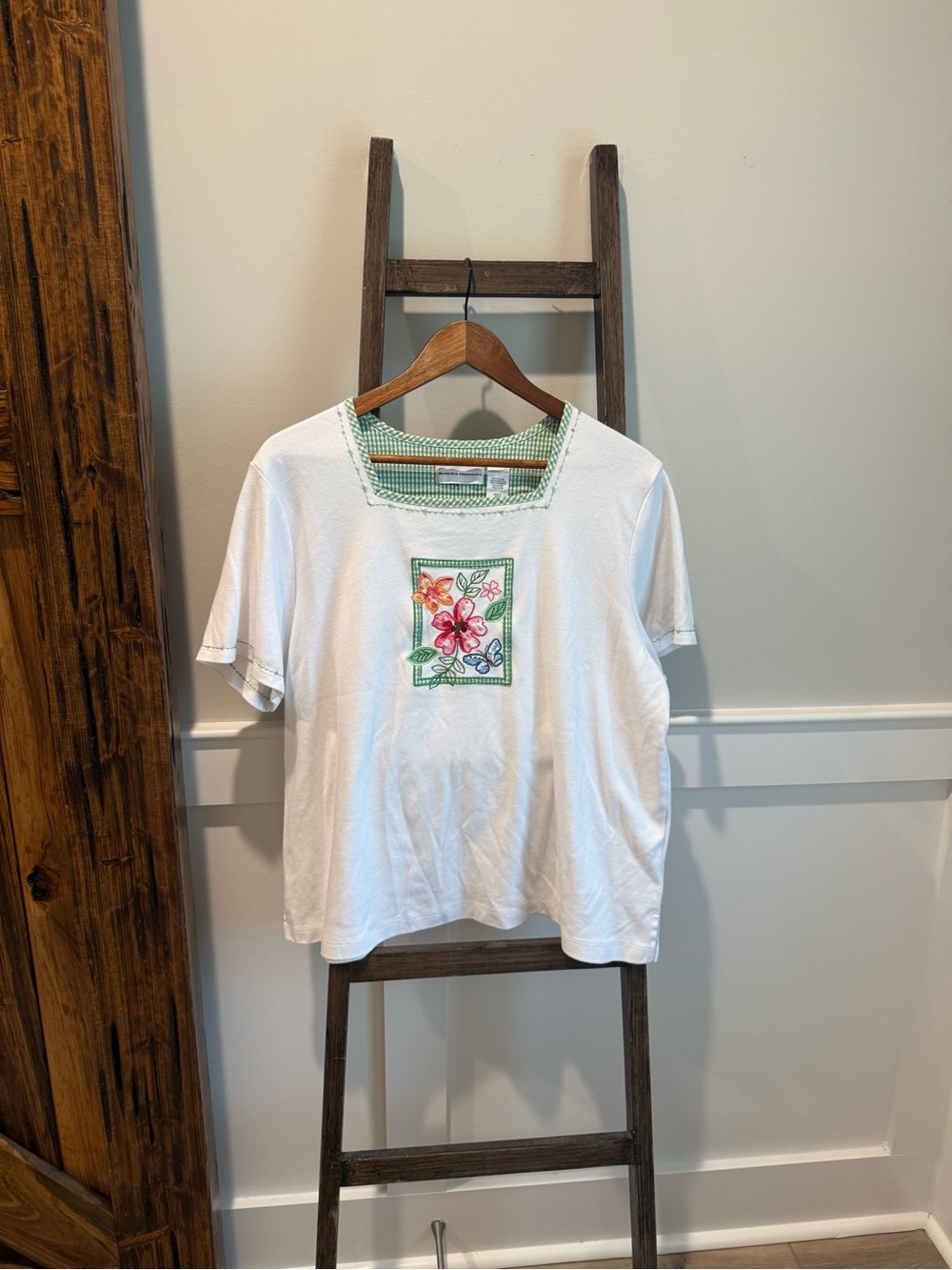 Alfred Dunner White Tee with Green Trim and Multicolor Floral Embroidery